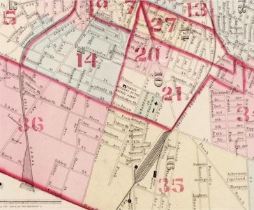 Outline and Index map of Rochester, 1875.